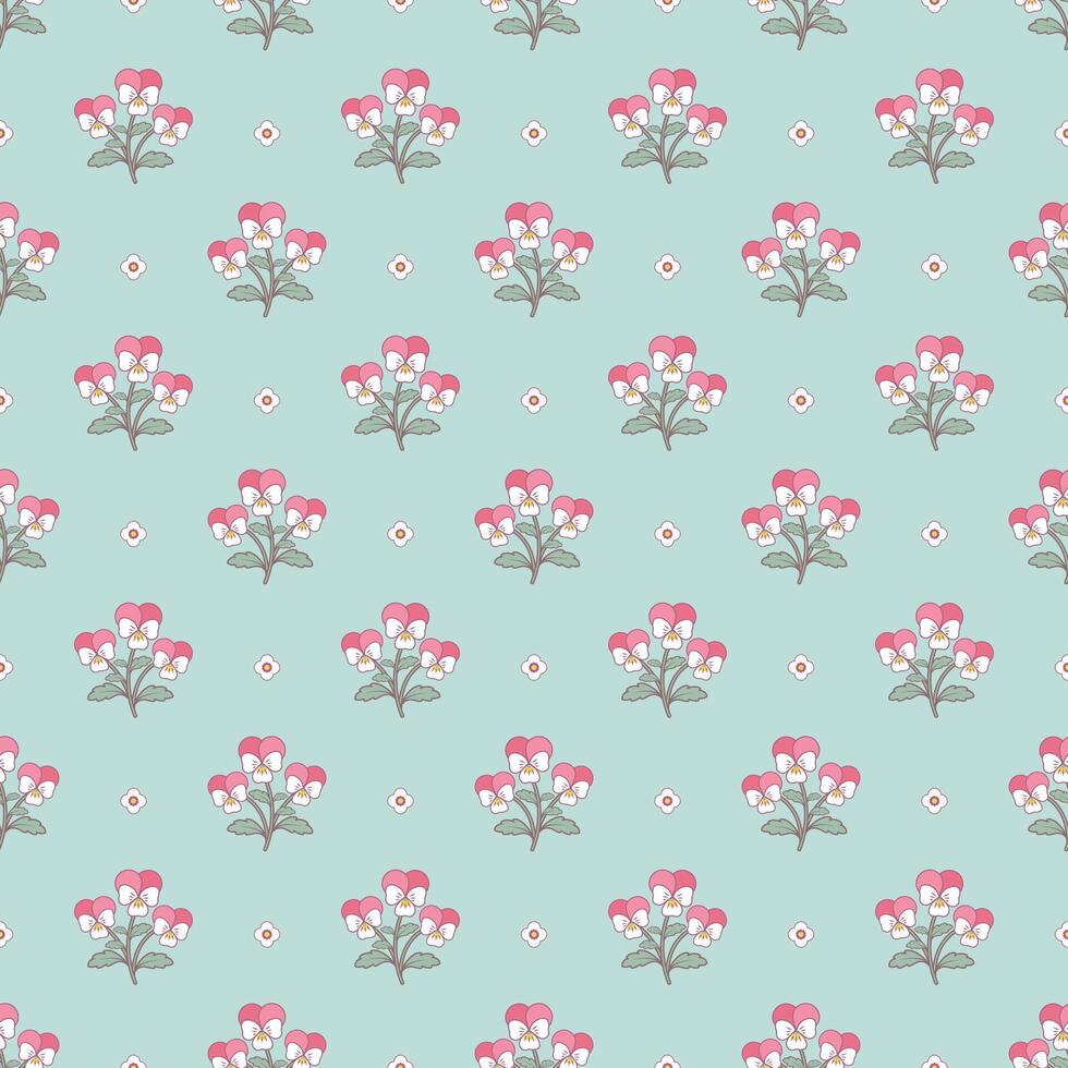 Seamless pattern with pansy flower on pastel green background. Floral wallpaper design. vector
