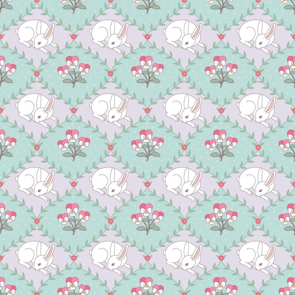 Seamless pattern with white bunny and pink pansy flower. vector