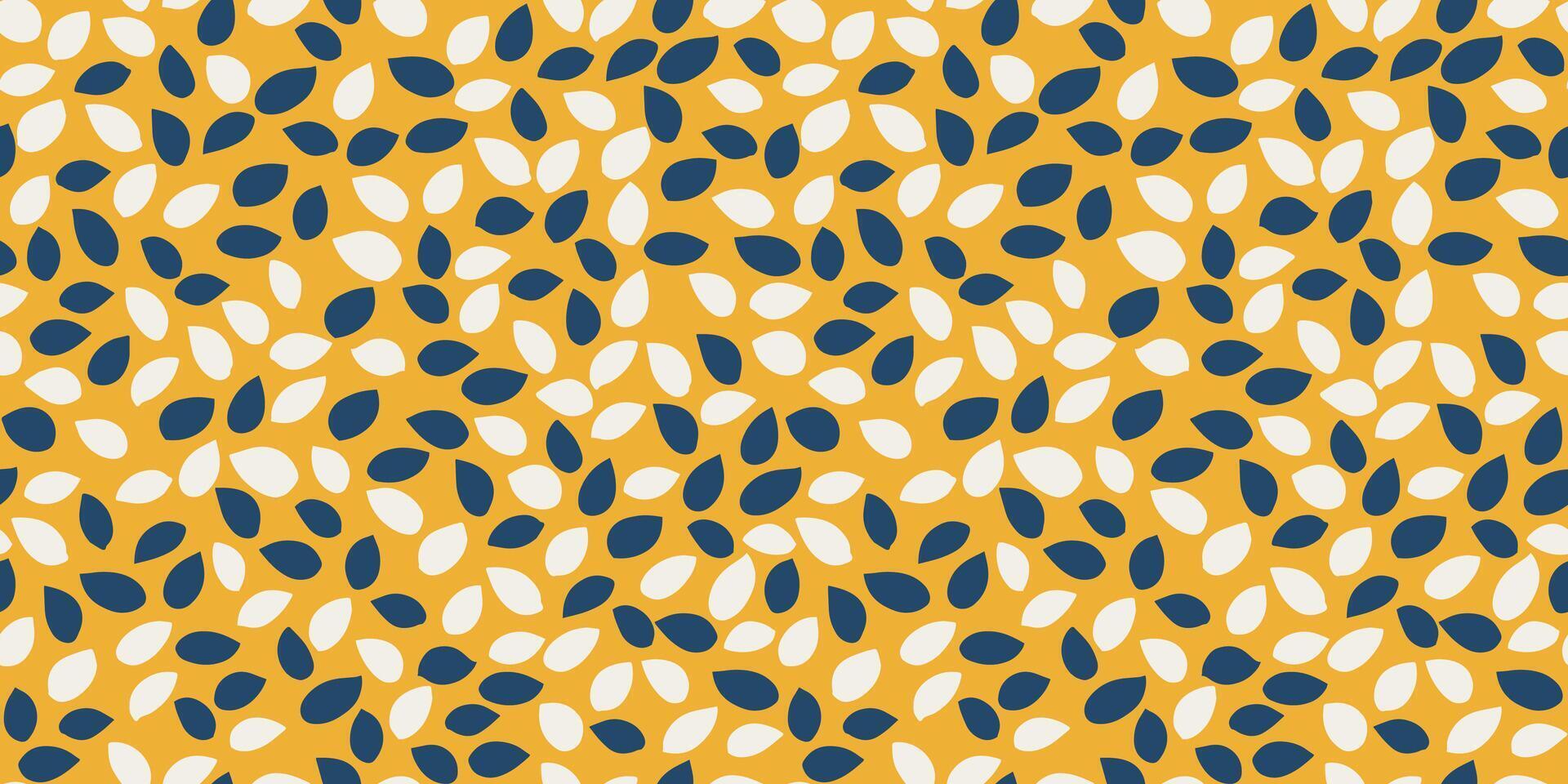 Seamless abstract pattern featuring navy blue and white teardrop shapes on a mustard yellow background. Bold and modern design ornament for fabrics, wallpapers, wrapping paper, and digital prints. vector