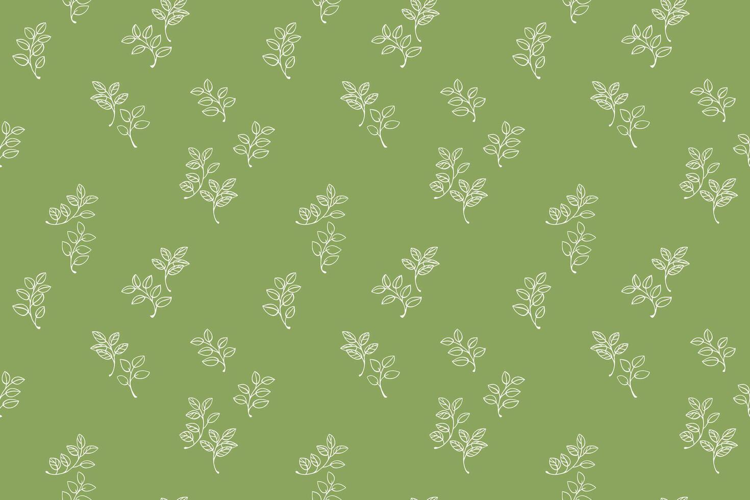Seamless pattern featuring minimalist line-drawing leaves arranged on a green background. Simple nature ornament for textiles, wrapping paper, wallpapers, eco branding designs. vector