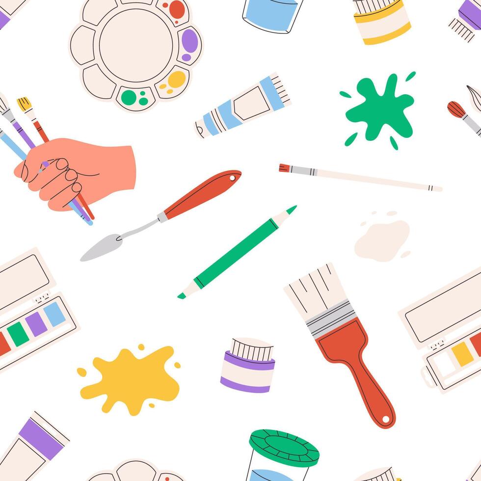 Colorful painting tools seamless pattern. Elements and art supplies. Flat illustration on white background. vector