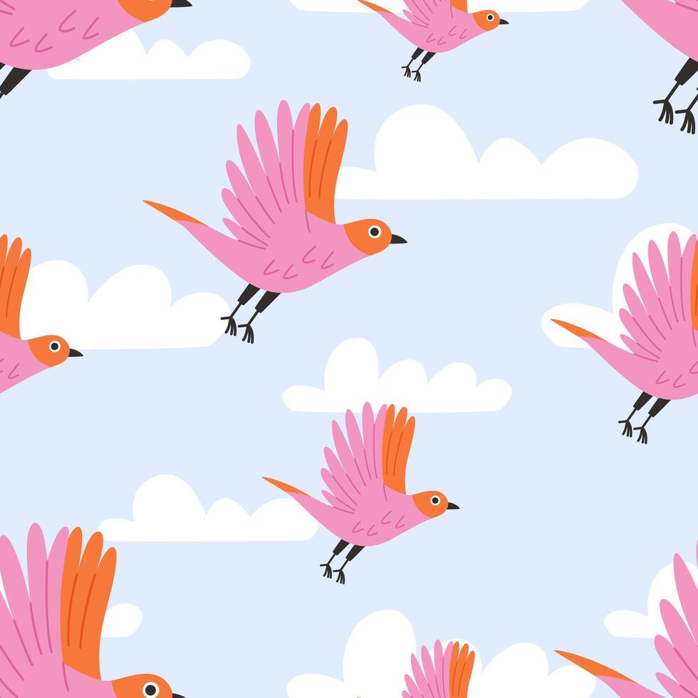 Flying Birds seamless pattern. Seamless texture with pink birds in sky. Cute nature illustration background vector