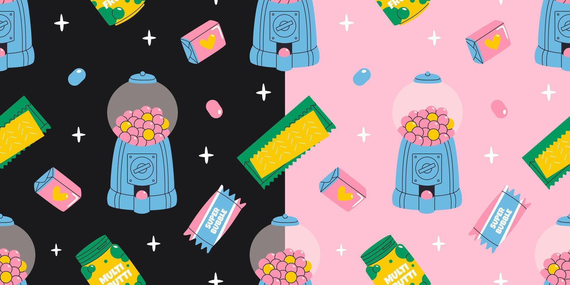 Colorful bubble gum seamless pattern. 80s, 90s, retro style, nostalgic elements. background in vintage style on pink and black background. vector