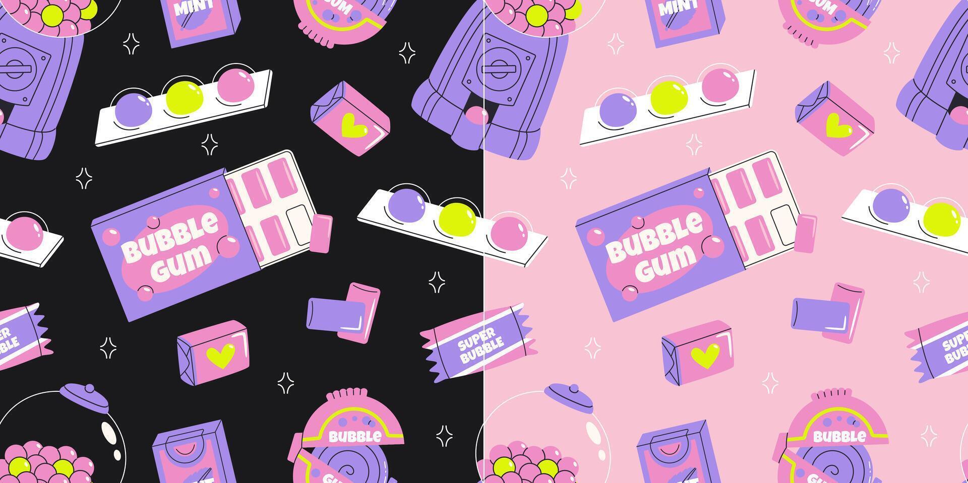 Bubble gum seamless pattern. 80s, 90s, retro style, nostalgic elements. background in vintage style on pink and black background. vector