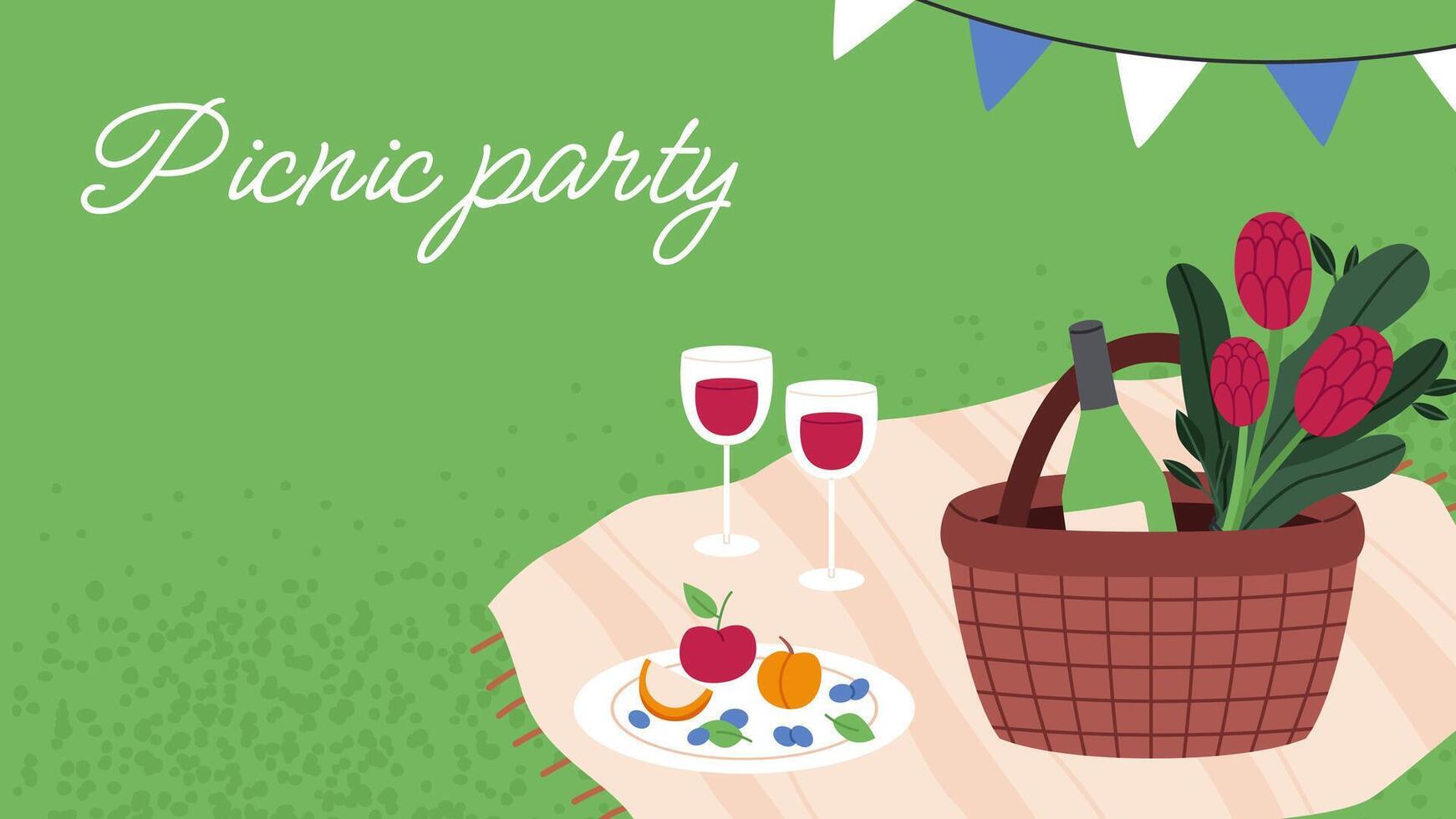 Spring picnic background template. Flat illustration. Picnic basket on blanket for banners, cards, flyers, social media wallpapers, etc. vector