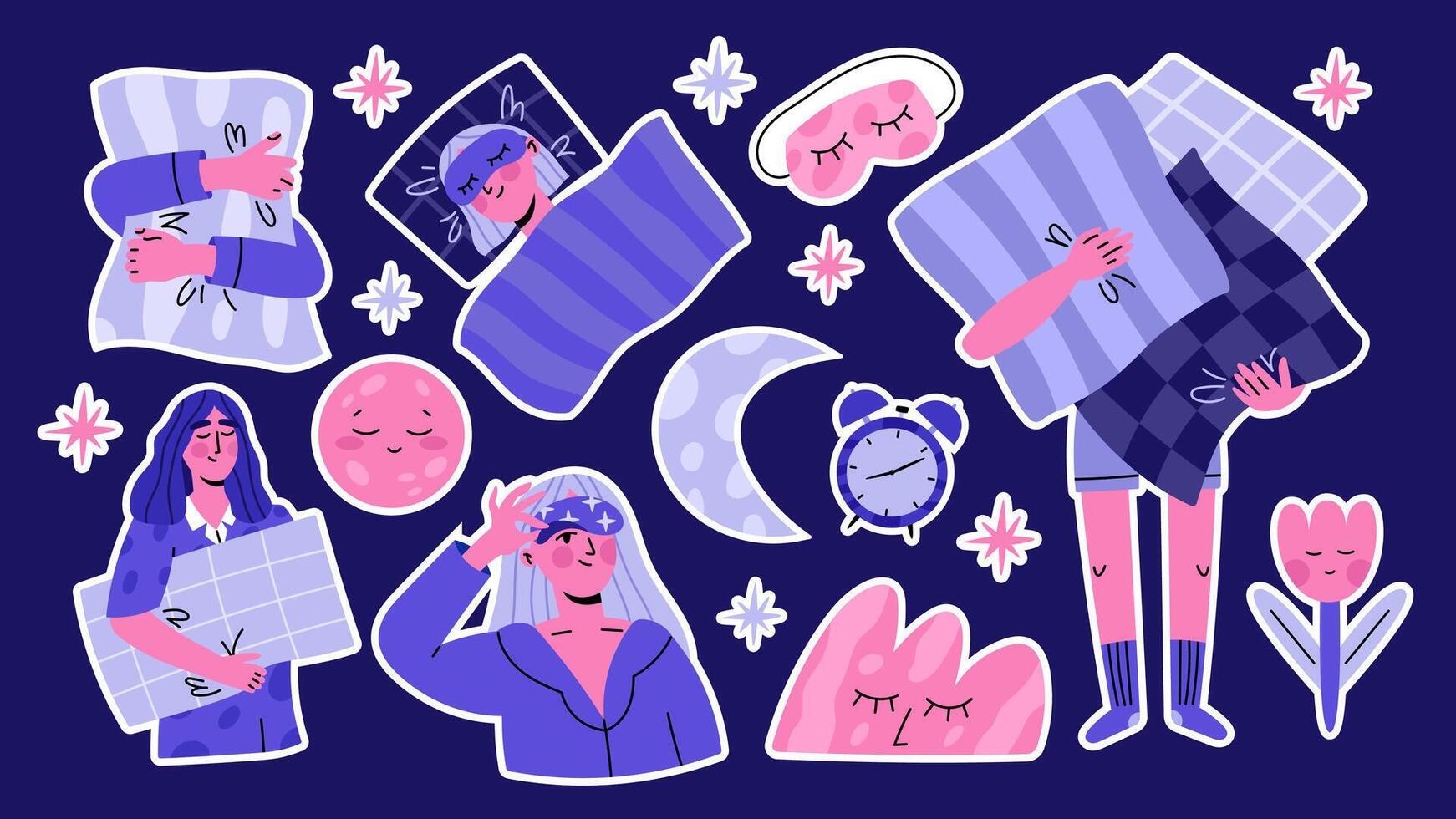 Sleep day sticker set. Various sleeping girls with pillows. Colorful trendy flat illustrations isolated on white background. vector
