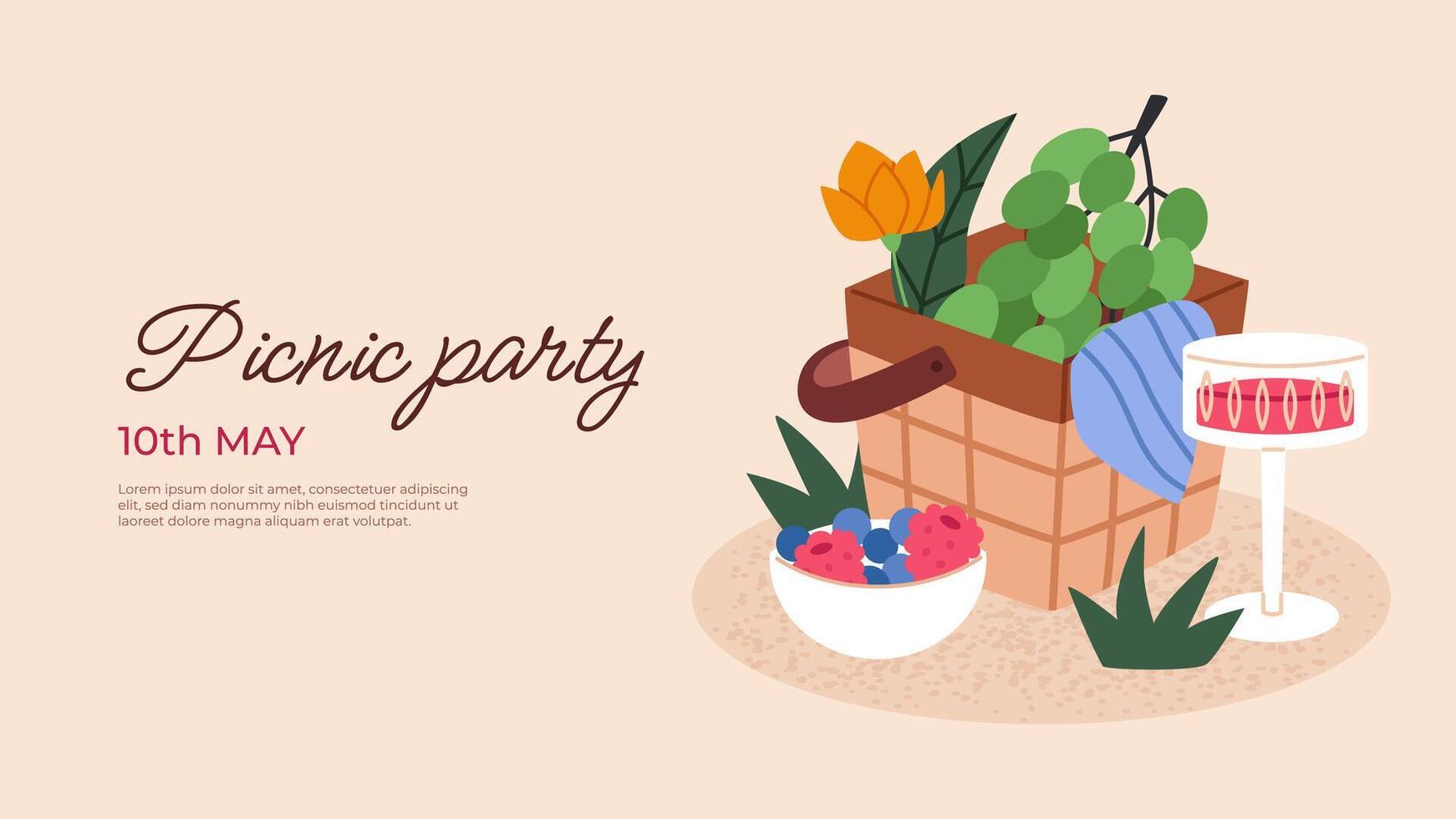 Spring picnic background template. Flat illustration for banners, cards, flyers, social media wallpapers, etc. vector