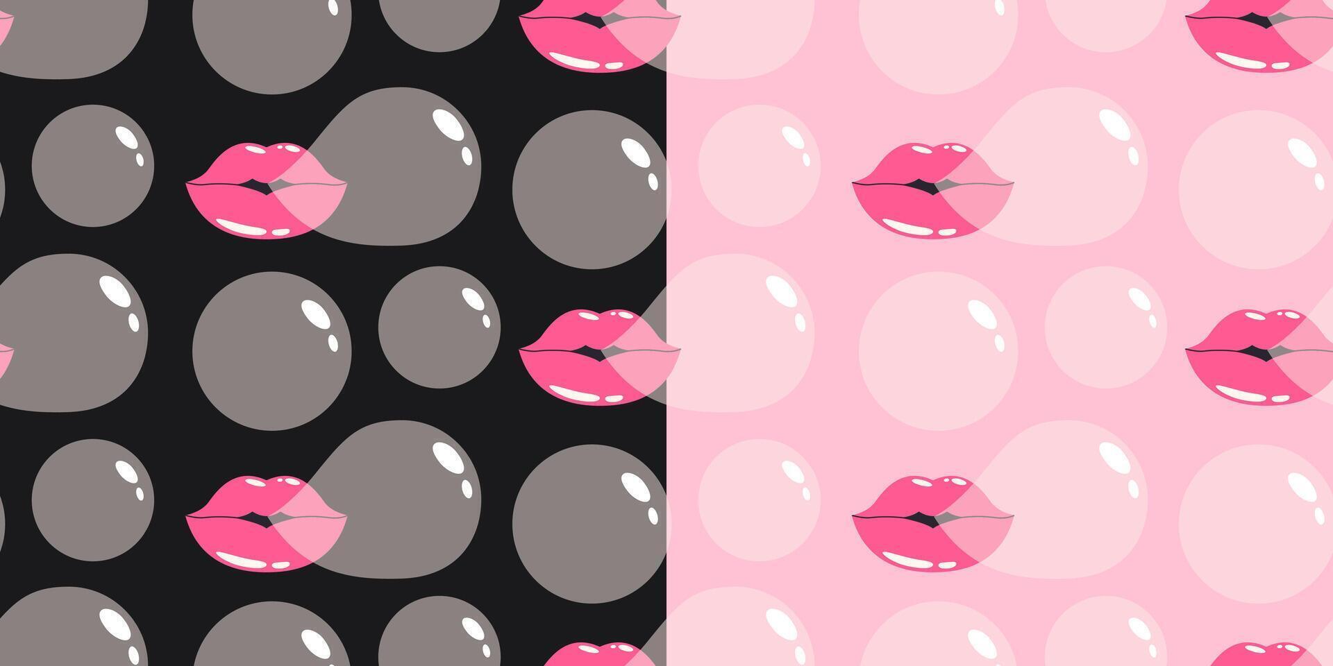 Lips blowing bubble gum seamless pattern. Funky background. Vintage nostalgia for design and print on pink and black background. Cute print. Trendy wrapping paper. vector