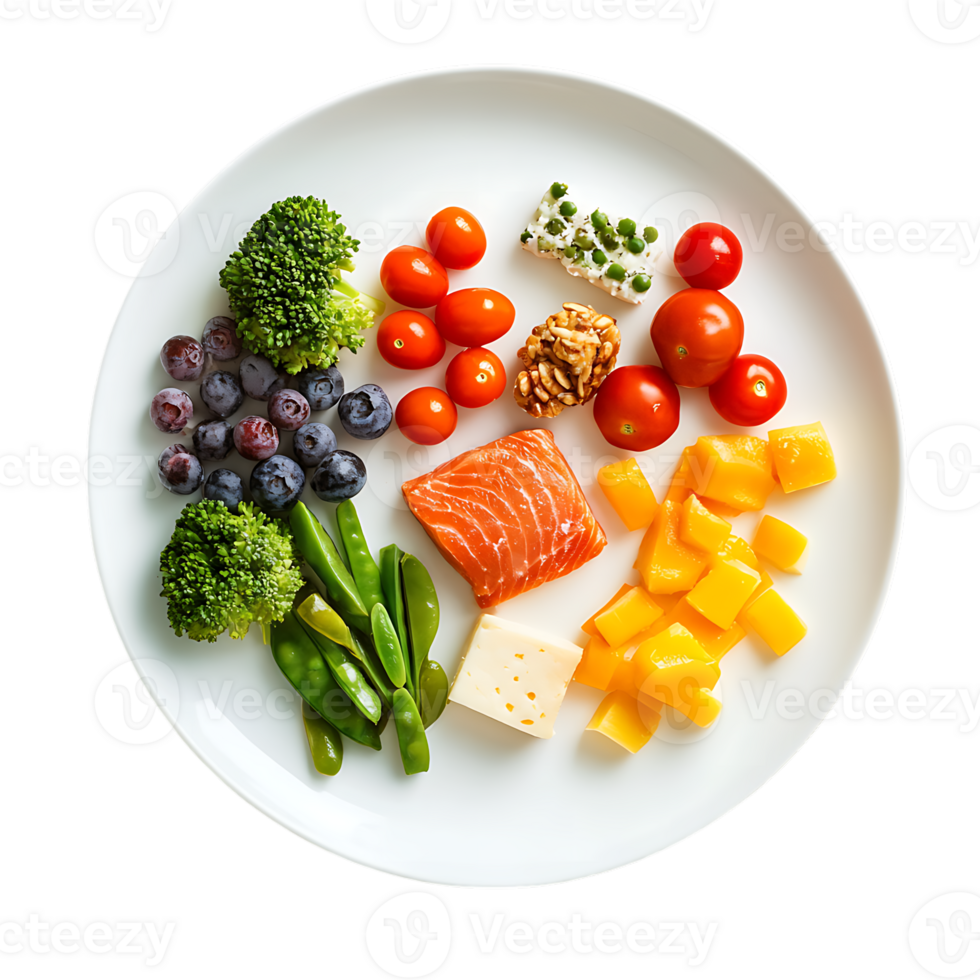 A plate of food with broccoli, salmon, cheese, grapes, blueberries, and tomatoes png