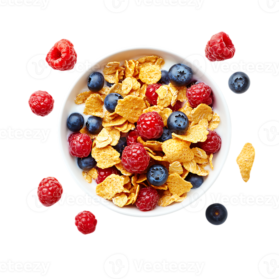 Cereal with berries and blueberries in a bowl png