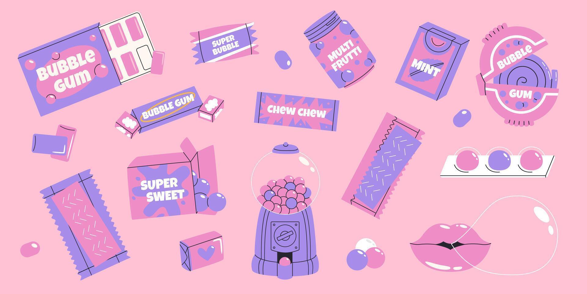 Bubble gum set. Pink and purple bubble gum in foil packages. Flat pads, balls and roll isolated on white background. vector