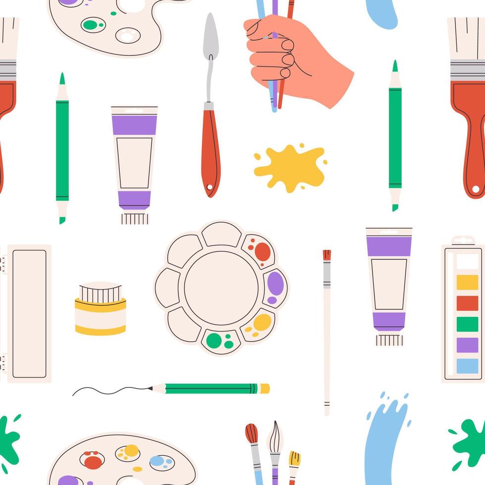 Painting tools seamless pattern. Elements and art supplies like paint tubes, pencil and color palette. Flat illustration on white background. vector