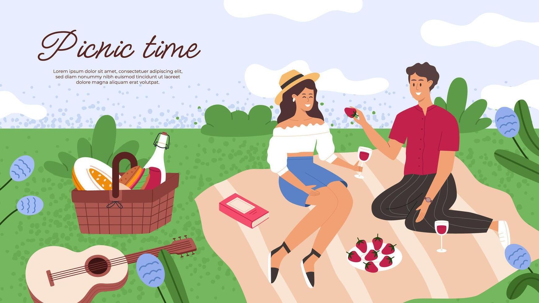 Couple enjoys a picnic background template. Flat illustration. Picnic basket on blanket for banners, cards, flyers, social media wallpapers, etc. vector