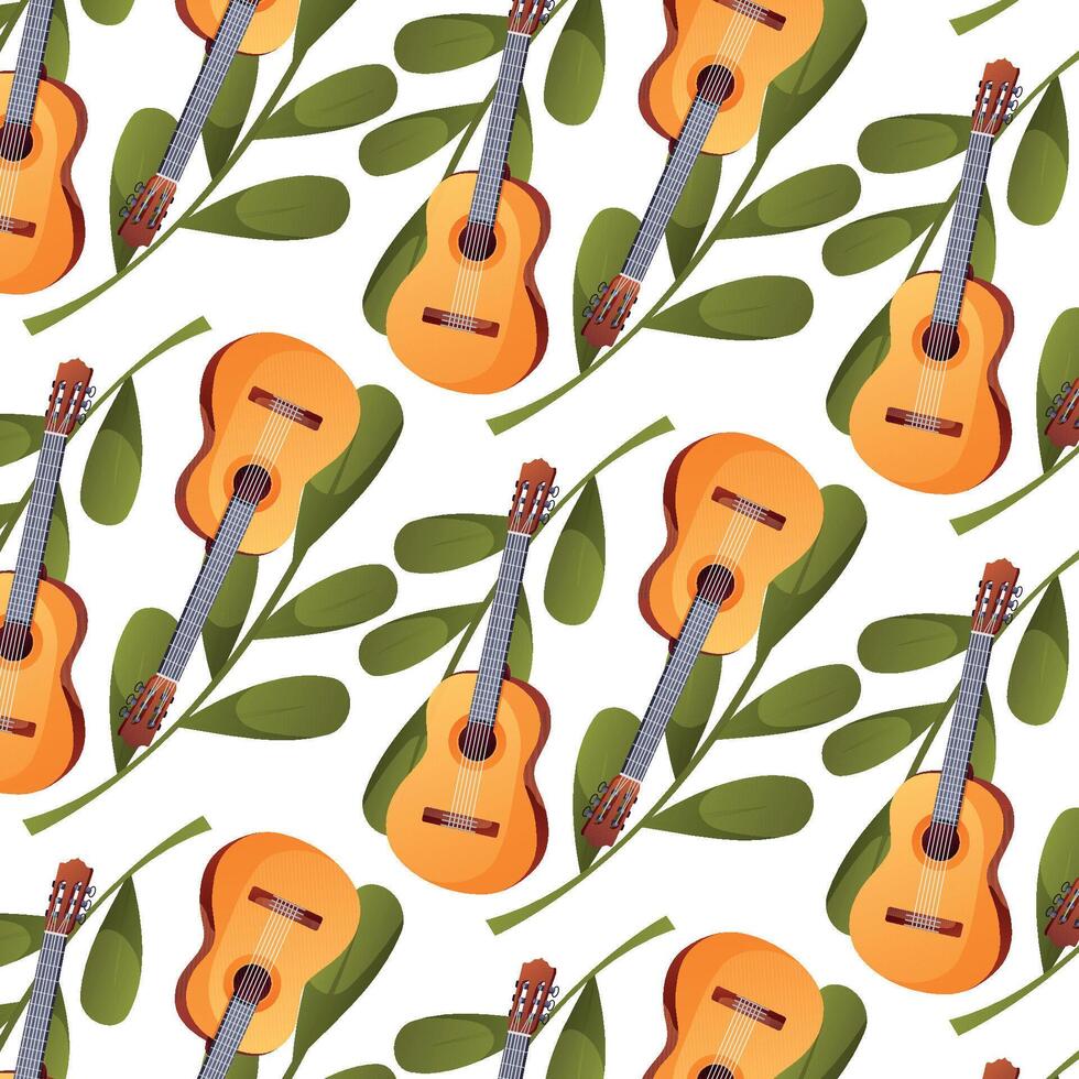 Seamless pattern with acoustic guitar and leaves vector
