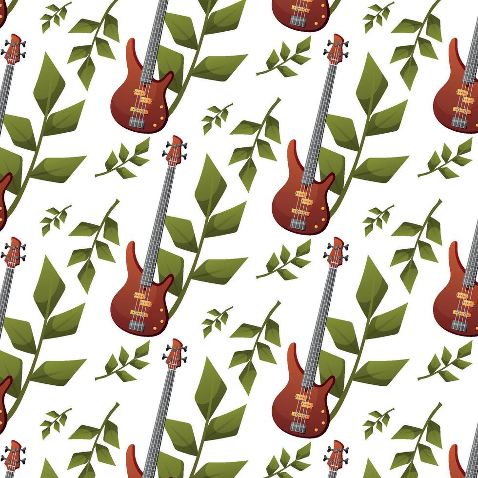 Seamless pattern with bass guitar and leaves vector