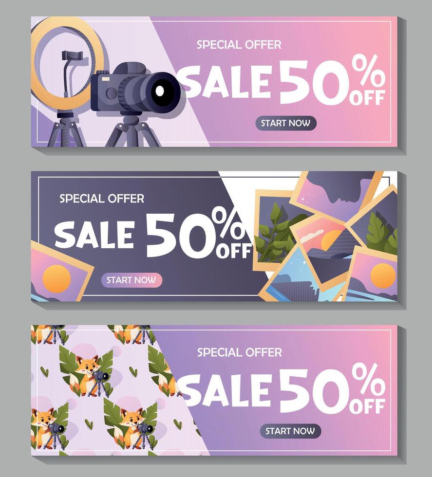 Set of promotional banners with a camera and discount vector
