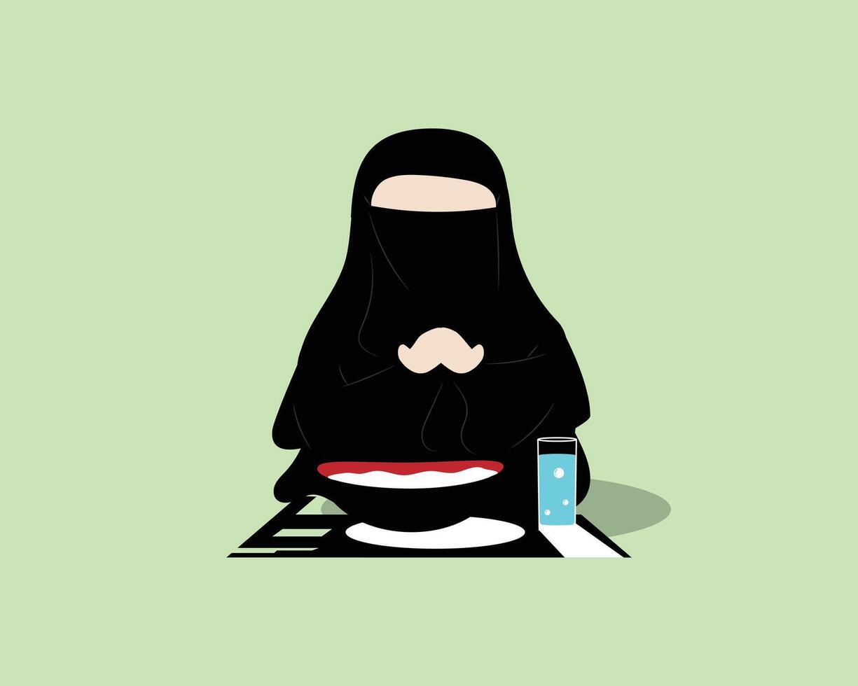 a cartoon woman in a black burka sitting at a table with a plate of food vector