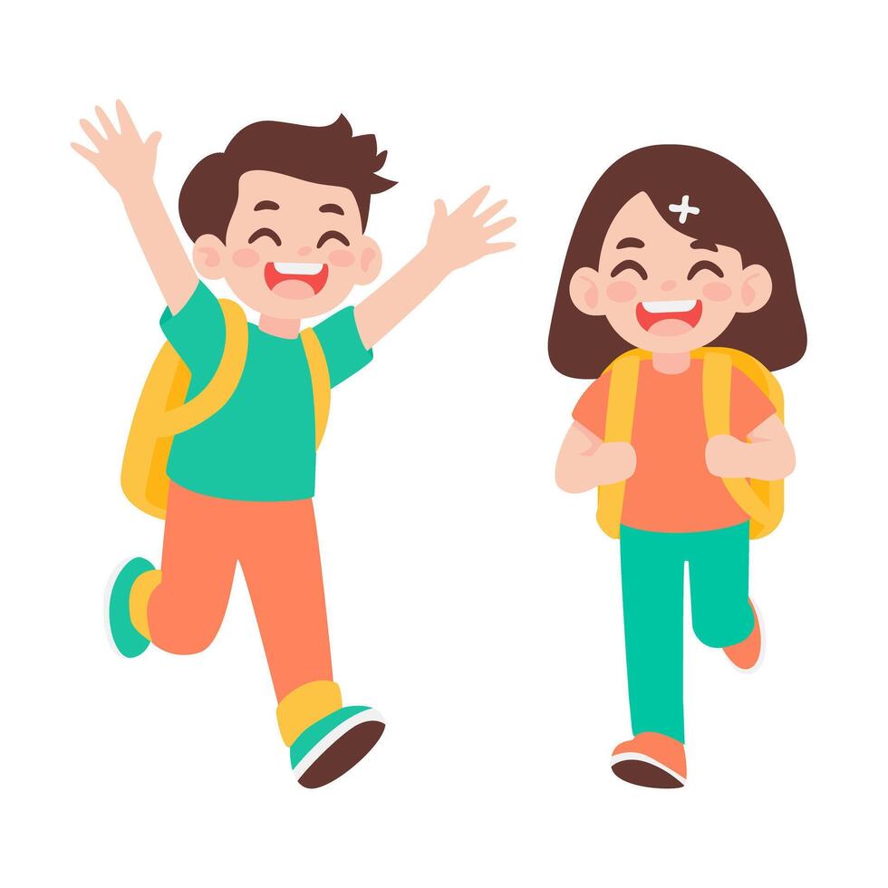 Excited happy school children running with backpacks and smiling joyfully vector