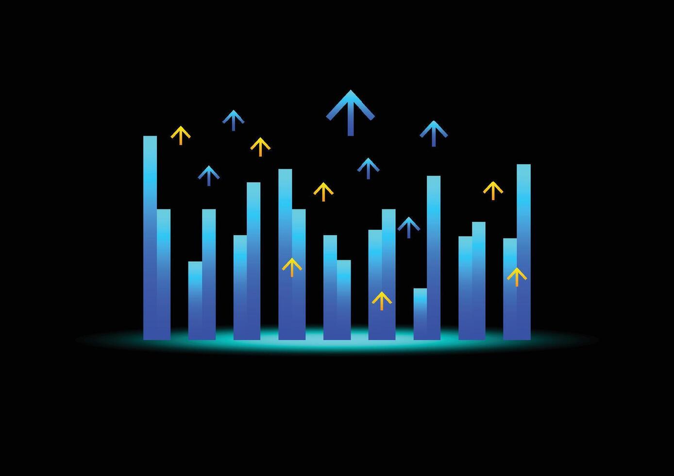 Stock and investment concept. A bar graph with upper arrow on a dark background. Bullish market, profit of wealth, high risk high return, business growth up. vector