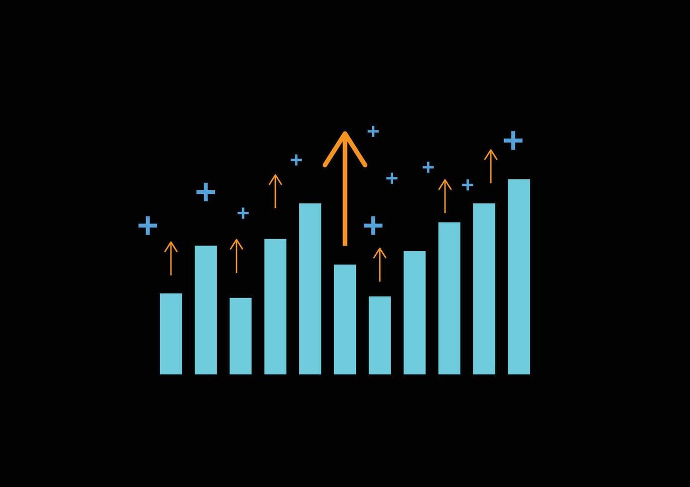 Stock and investment concept. A bar graph with a yellow upper arrow on a dark background. Bullish market, profit of wealth, high risk high return, business growth up. vector