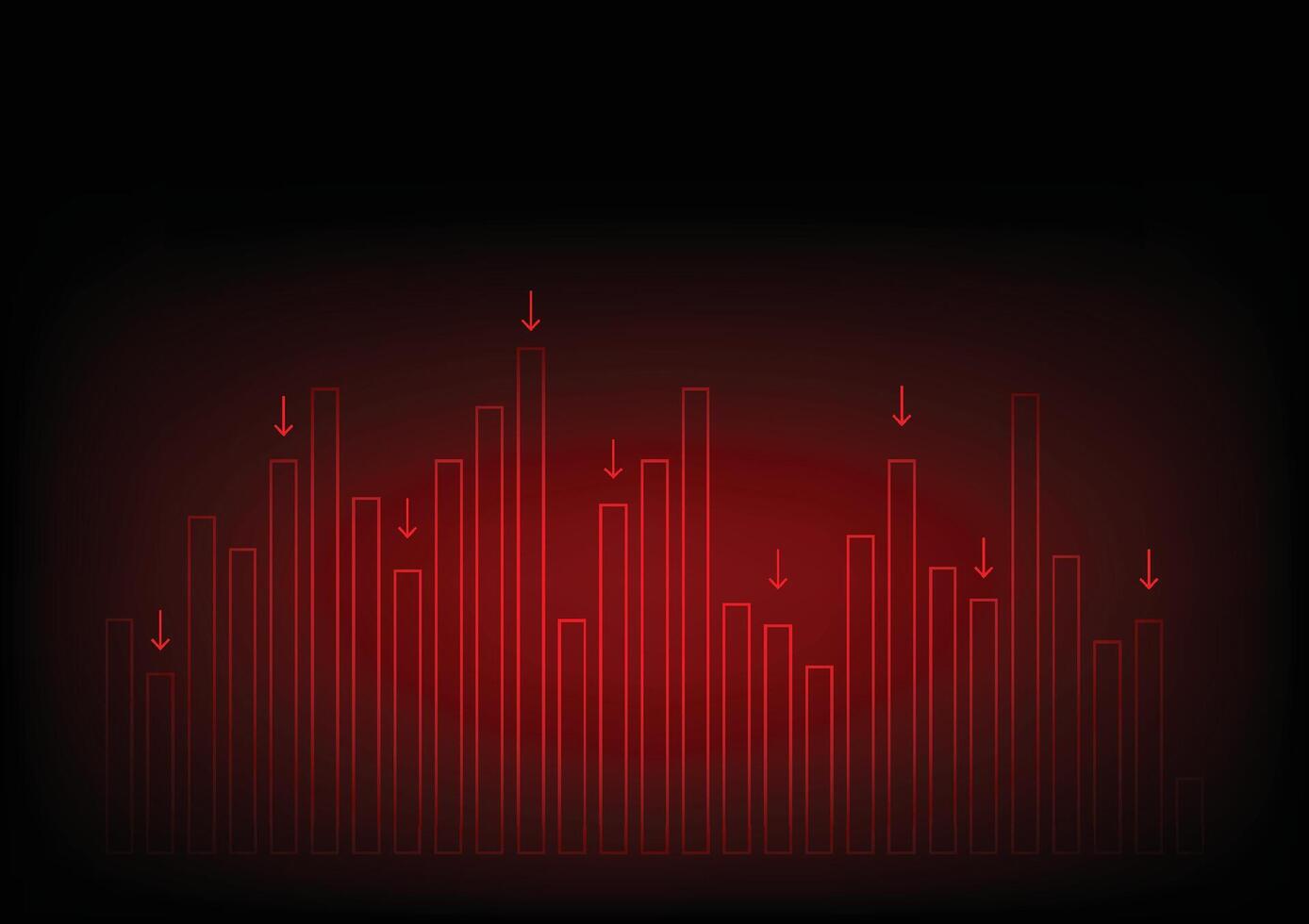 Economic critical crisis concept. The drop down arrow and bar chart on black background. Recession financial, cryptocurrency, gold, and the stock market. Losing money and cash. Bearish. vector