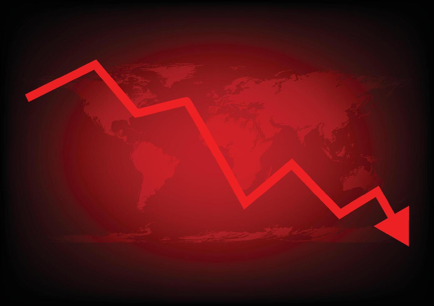 Economic critical crisis concept. The down arrow on red world map background. Recession financial, cryptocurrency, gold, and the stock market. Losing money and cash. Bearish. vector