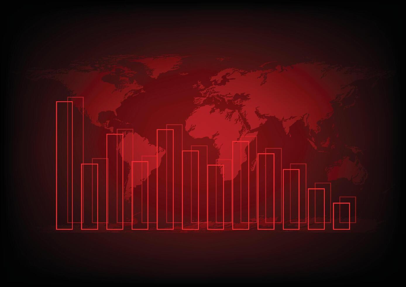Economic critical crisis concept. The bar graph on red world map background. Recession financial, cryptocurrency, gold, and the stock market. Losing money and cash. Bearish. vector