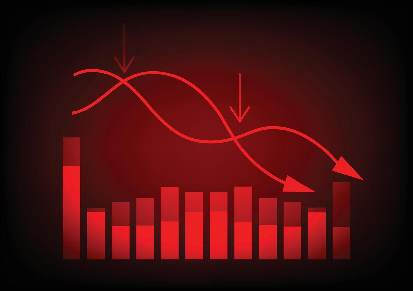 Economic critical crisis concept. The lower line graph and bar chart on red background. Recession financial, cryptocurrency, gold, and the stock market. Losing money and cash. Bearish. vector