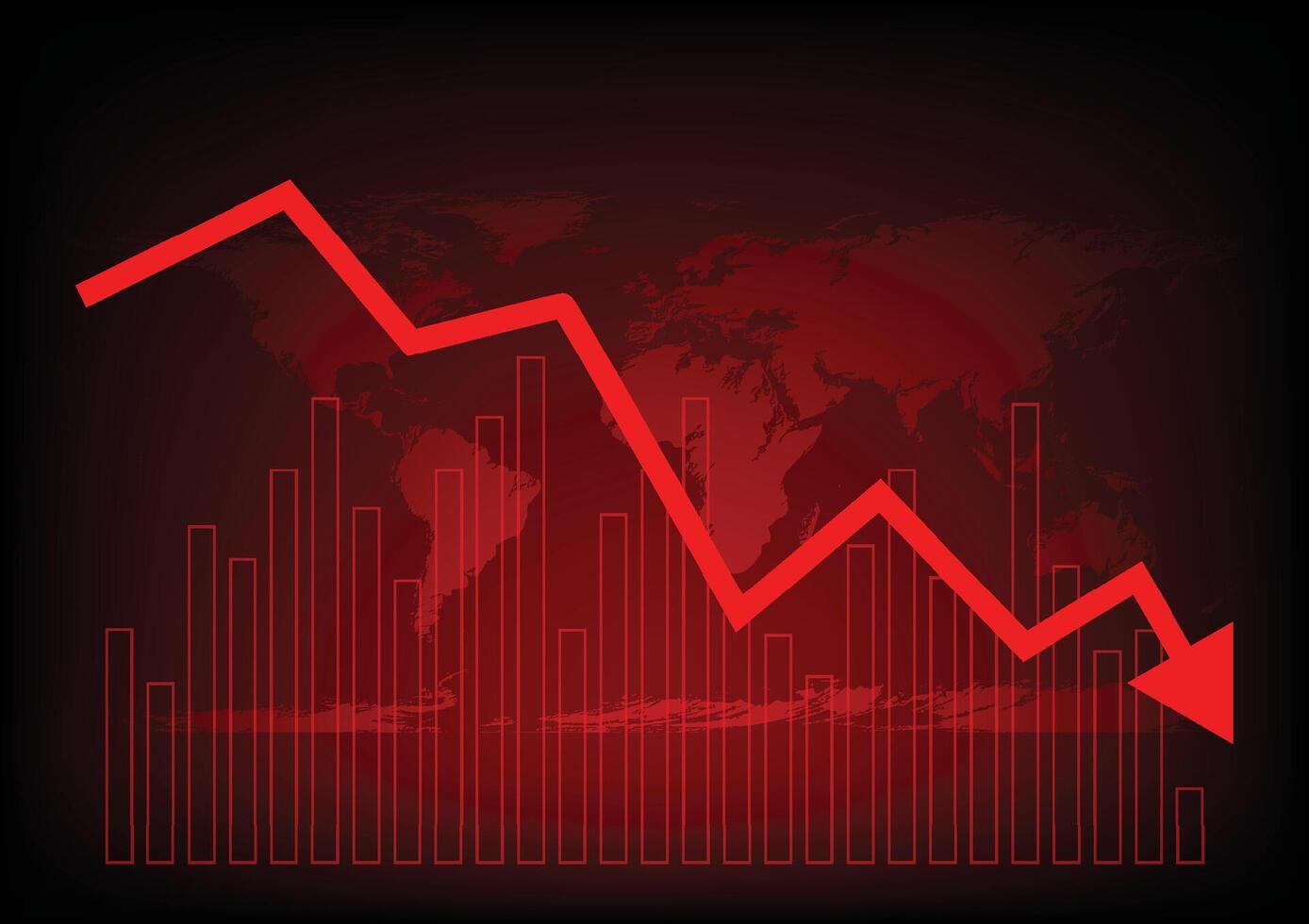 Economic critical crisis concept. The bar graph with a down arrow on red world map background. Recession financial, cryptocurrency, gold, and the stock market. Losing money and cash. Bearish. vector