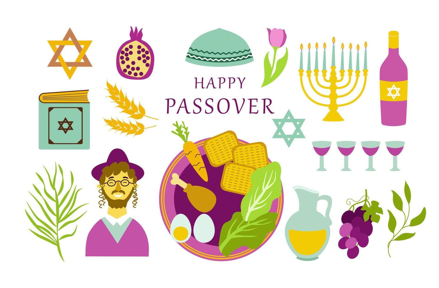 Happy Passover. Set of icons celebrating the Jewish holiday Pesach . flat illustration vector
