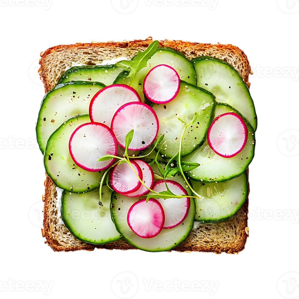 A slice of bread with cucumbers and radishes on it png