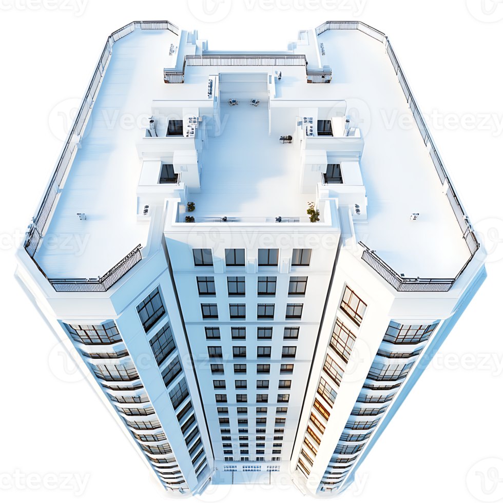 A 3d view of a tall building with a white roof png
