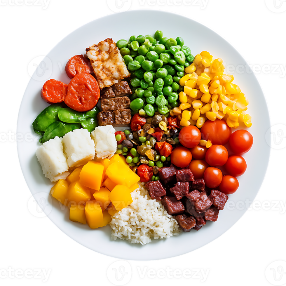 A plate of food with different colored vegetables png