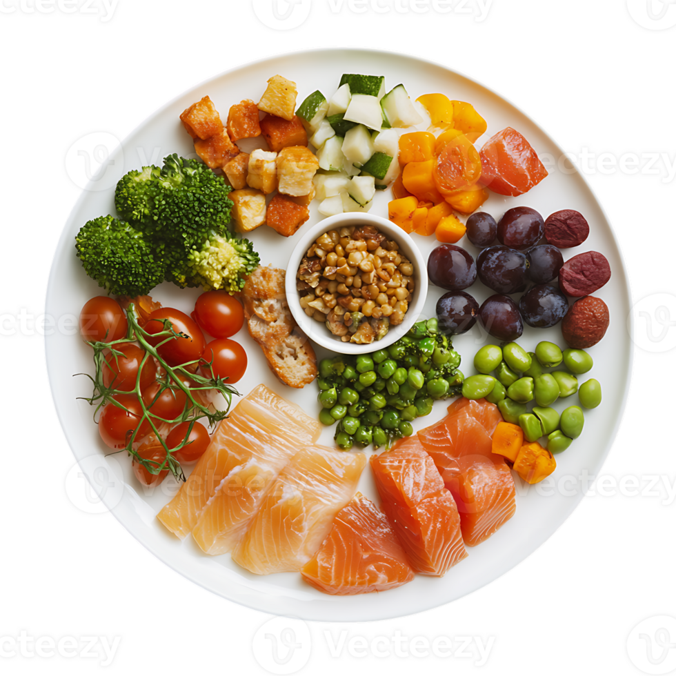 A plate of food with vegetables, fish, and fruit png