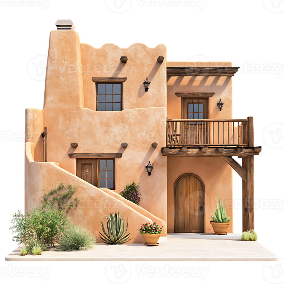A small adobe house with a balcony and plants png