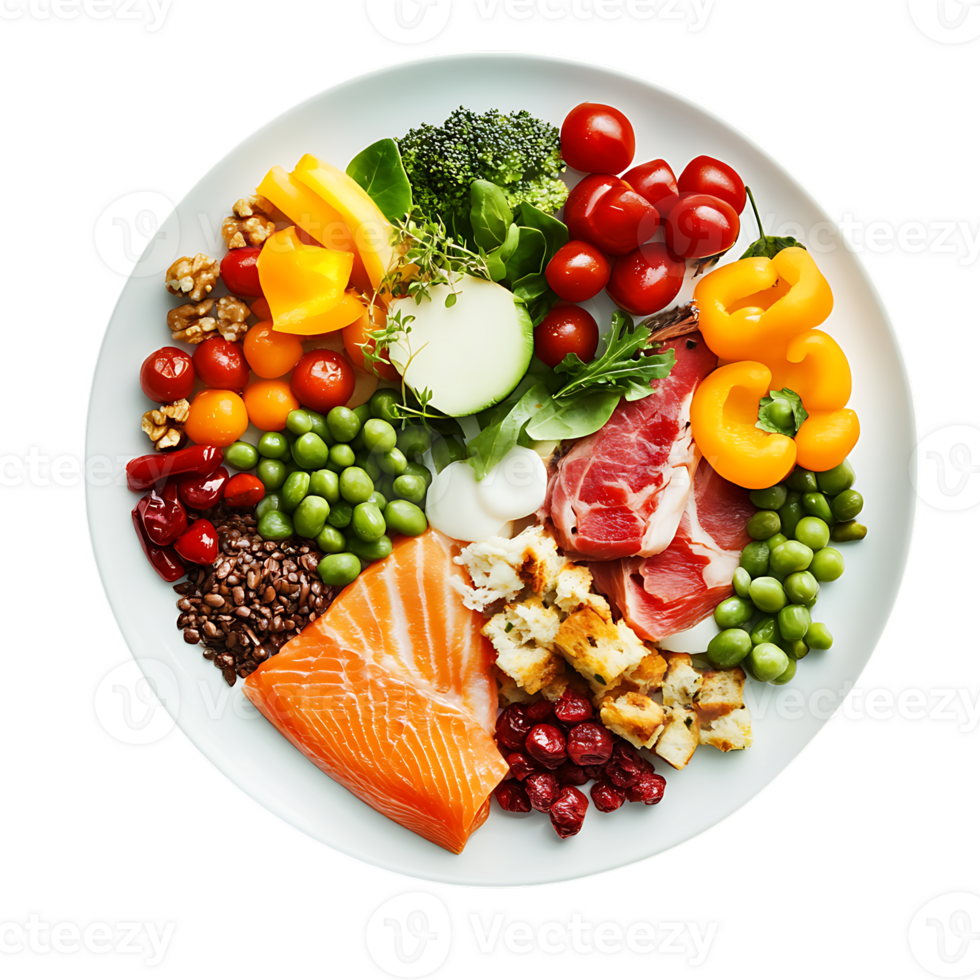 A plate of food with vegetables, meat, and fruit png