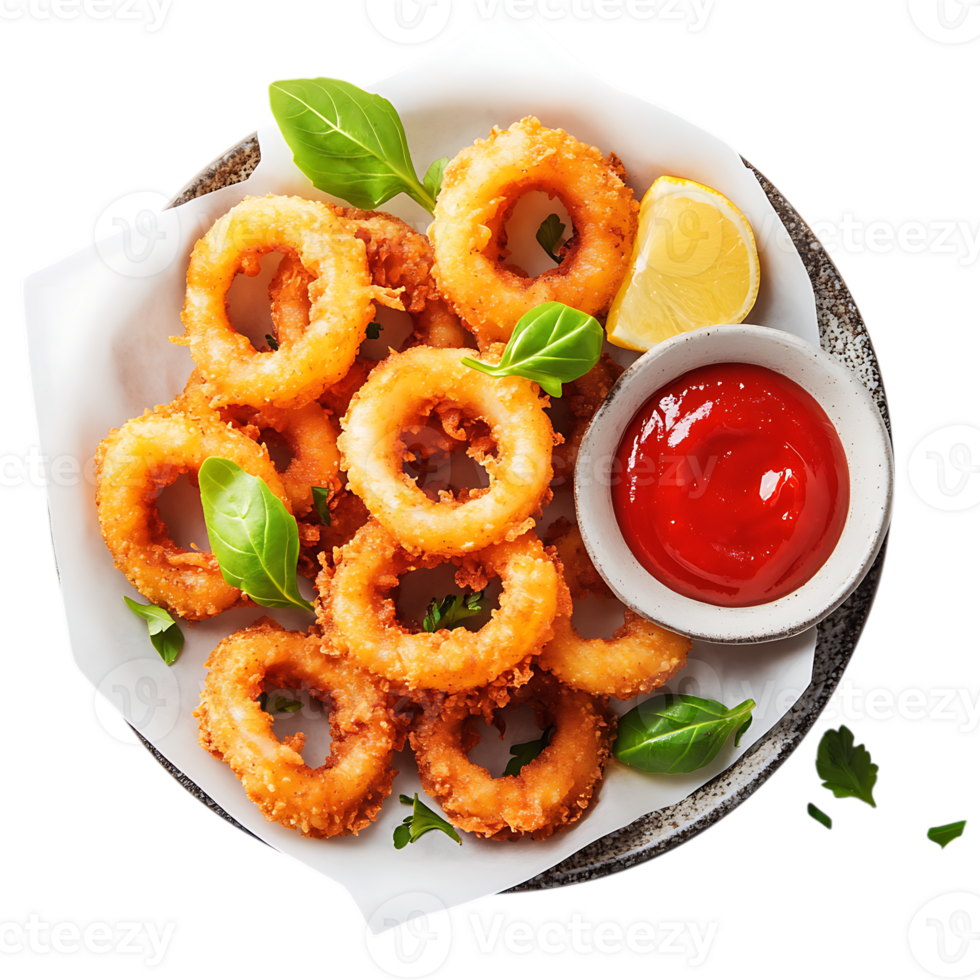A plate of onion rings with ketchup and basil png