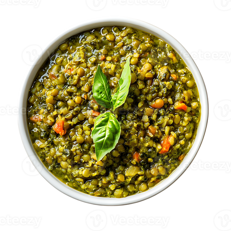 A bowl of green soup with a leafy garnish png
