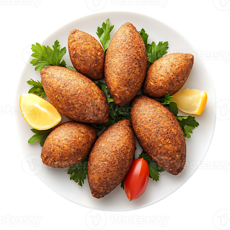 A plate of fried food with lemon wedges and parsley png