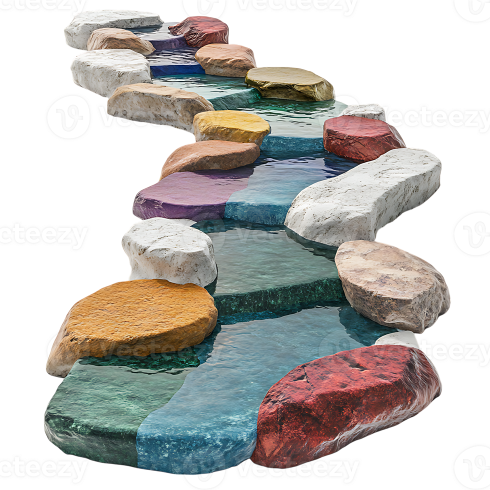 A colorful stream of water running through a rock garden png