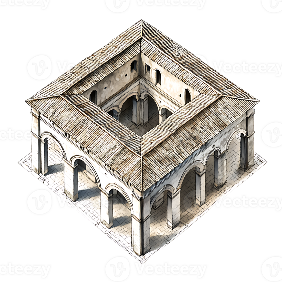 A 3d model of a building with arches and a roof png
