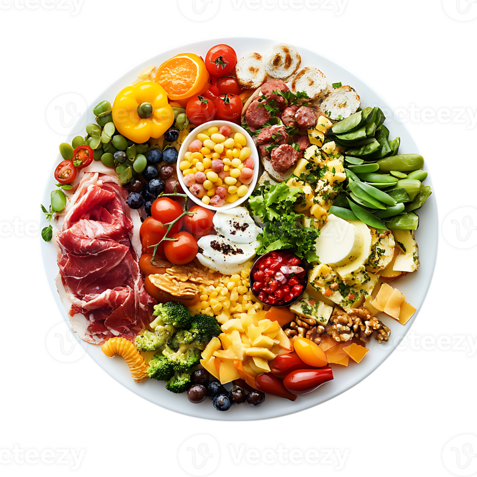 A plate of food with various vegetables and meats png