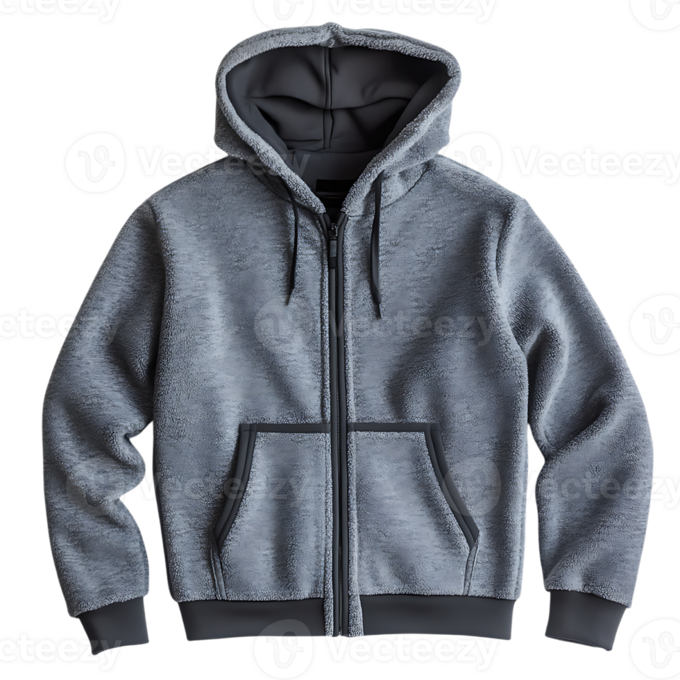 A grey hoodie with a black zipper png