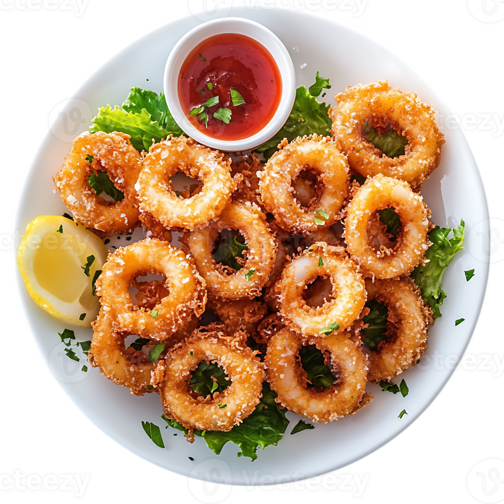 A plate of fried squid rings with a side of ketchup png