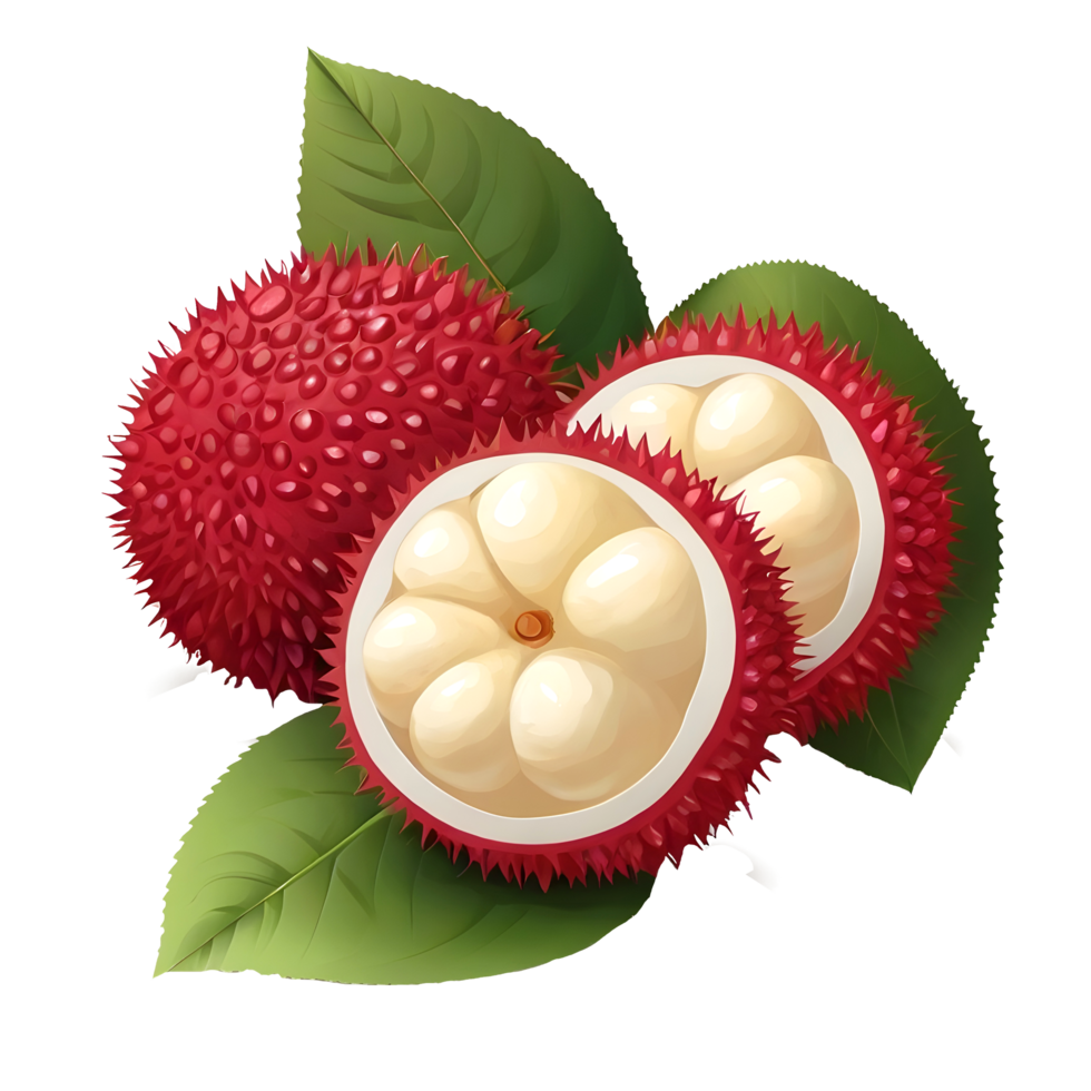 Rambutan fruit with leaves on transparent background png