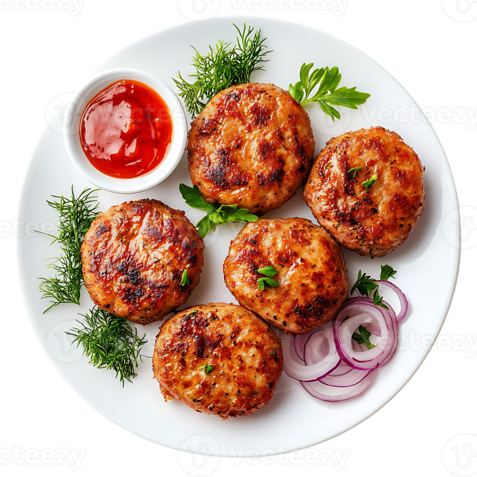 A plate of meat patties with onions and ketchup png
