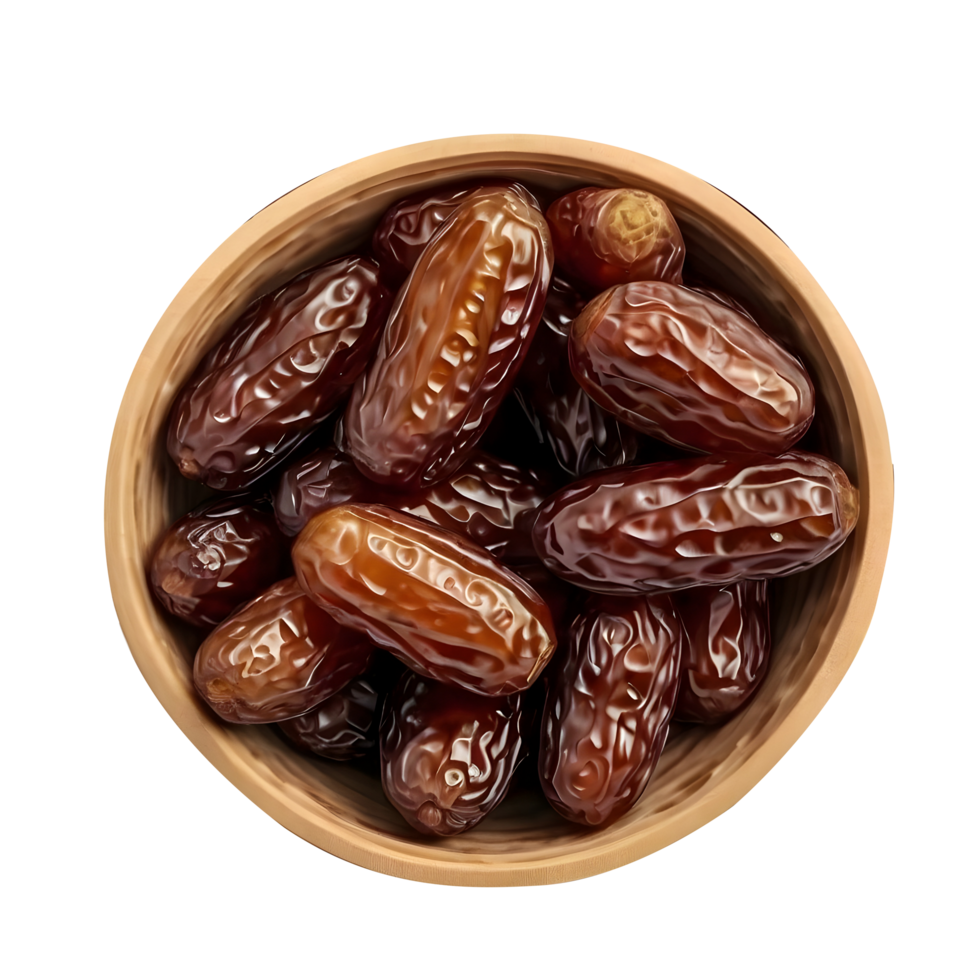A brown bowl of dates on a transparent background png