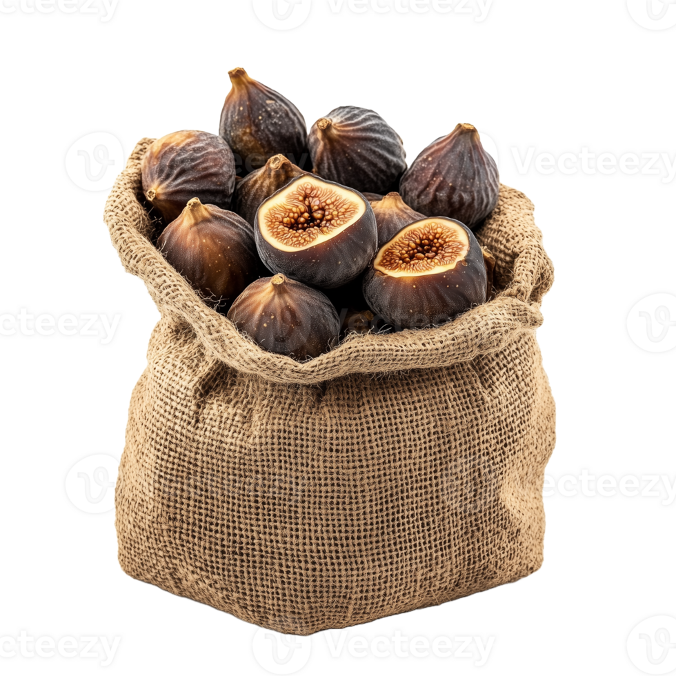 Burlap Sack Brimming with Fresh and Sliced Figs png