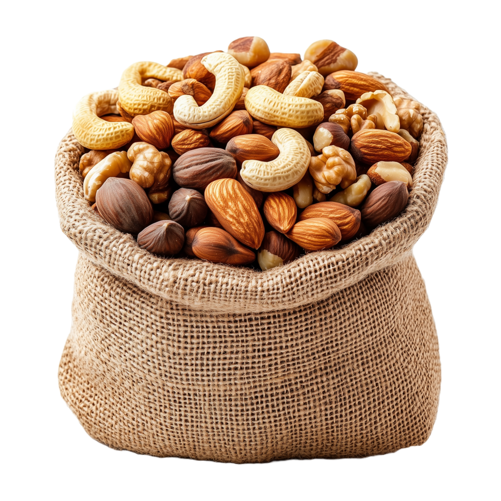 Burlap Sack Overflowing with a Variety of Nuts png
