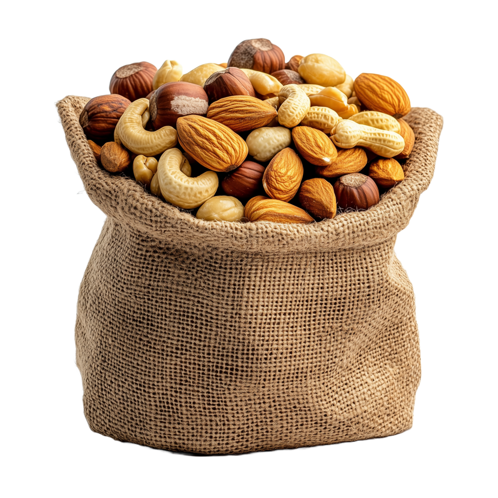 Burlap Sack Brimming with Assorted Nuts png